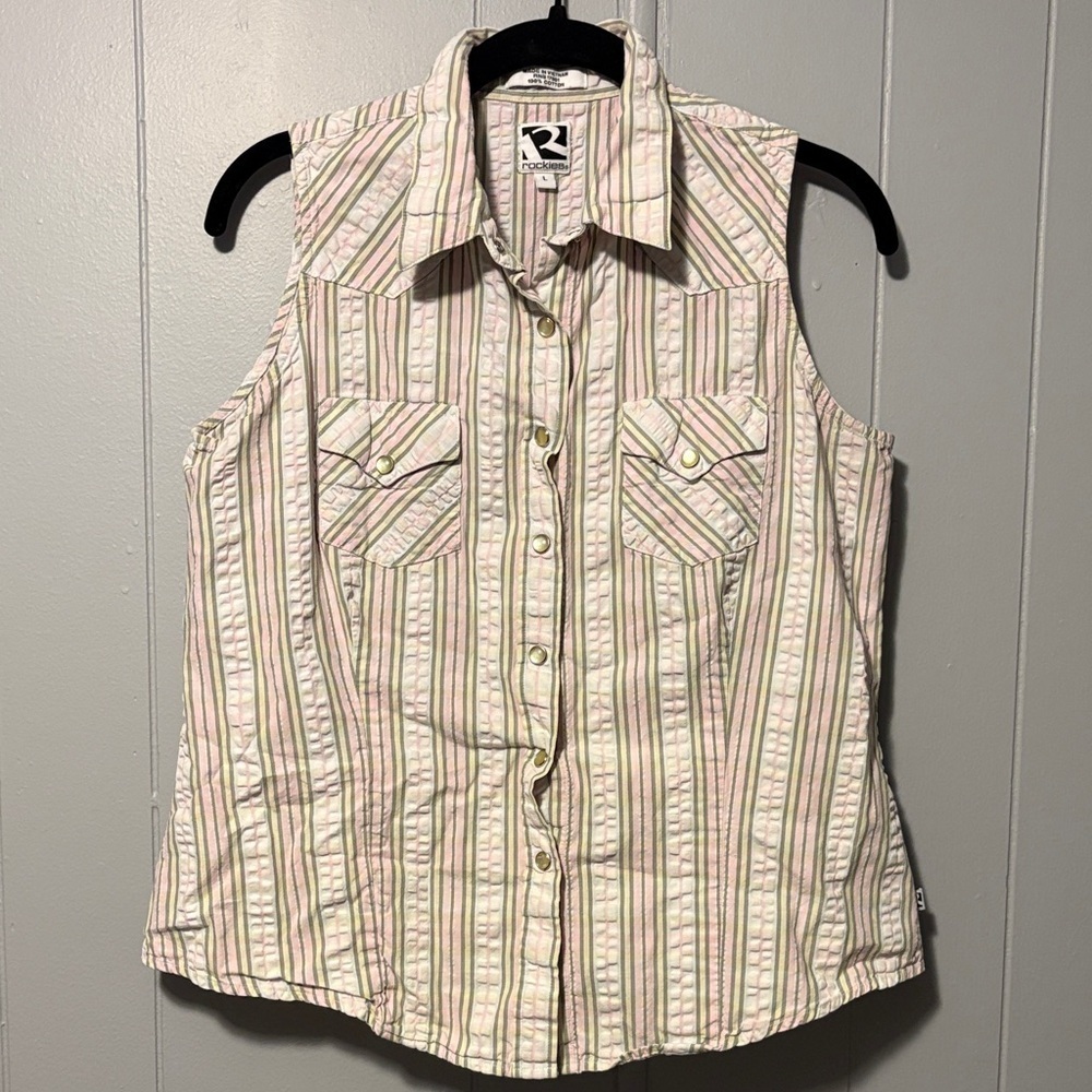 Vintage Rockies Pink and Cream Striped Sleeveless Pearl Snap